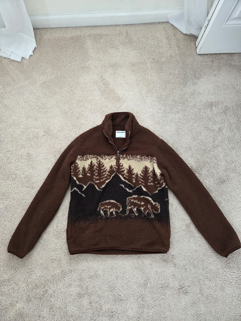 Old Navy Brown Sherpa Zip-Up Sweater with Mountain & Bear Pattern